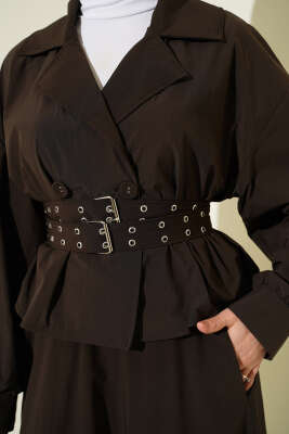 Kruvaze Yaka Çift Kemerli Etekli Takım Acı Kahve - İkili Takım