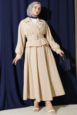 Kruvaze Yaka Çift Kemerli Etekli Takım Bej - HEWES