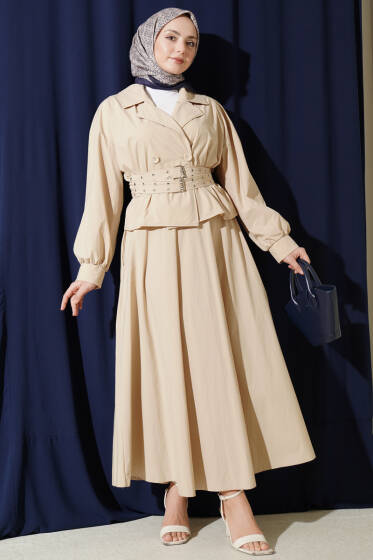 Kruvaze Yaka Çift Kemerli Etekli Takım Bej - İkili Takım