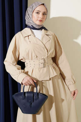 Kruvaze Yaka Çift Kemerli Etekli Takım Bej - İkili Takım