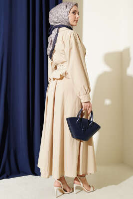 Kruvaze Yaka Çift Kemerli Etekli Takım Bej - İkili Takım