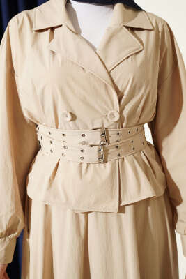 Kruvaze Yaka Çift Kemerli Etekli Takım Bej - İkili Takım