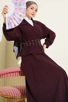 Kruvaze Yaka Çift Kemerli Etekli Takım Mürdüm 