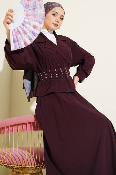 Kruvaze Yaka Çift Kemerli Etekli Takım Mürdüm - İkili Takım