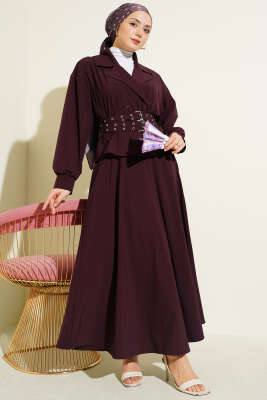 Kruvaze Yaka Çift Kemerli Etekli Takım Mürdüm - İkili Takım