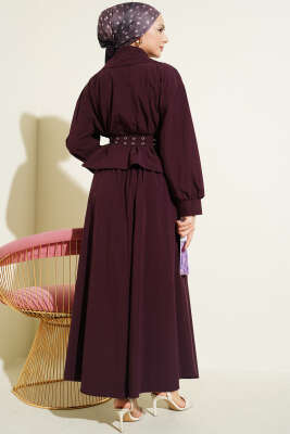 Kruvaze Yaka Çift Kemerli Etekli Takım Mürdüm - İkili Takım