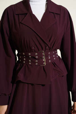 Kruvaze Yaka Çift Kemerli Etekli Takım Mürdüm - İkili Takım