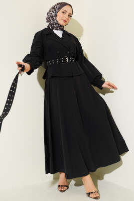 Kruvaze Yaka Çift Kemerli Etekli Takım Siyah 