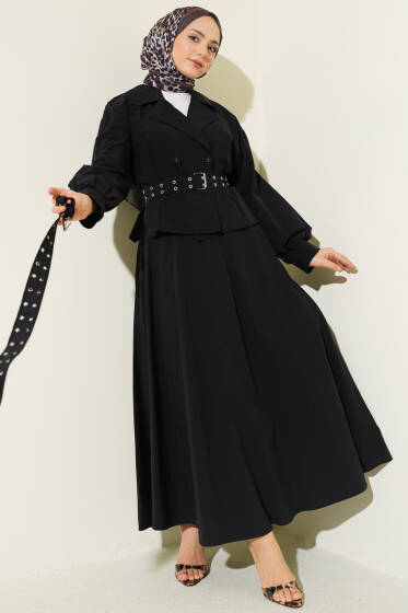 Kruvaze Yaka Çift Kemerli Etekli Takım Siyah - İkili Takım