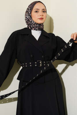 Kruvaze Yaka Çift Kemerli Etekli Takım Siyah - İkili Takım