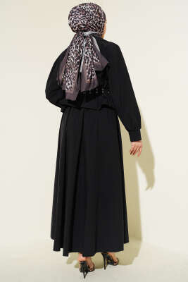 Kruvaze Yaka Çift Kemerli Etekli Takım Siyah - İkili Takım