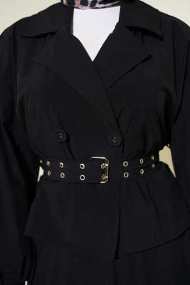 Kruvaze Yaka Çift Kemerli Etekli Takım Siyah - İkili Takım