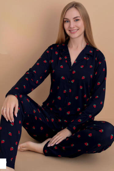 Kruvaze Yaka Çilek Baskılı Pijama Takımı Lacivert - Pijama