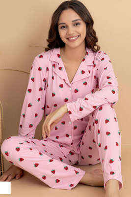 Kruvaze Yaka Çilek Baskılı Pijama Takımı Pembe - MANOLYA