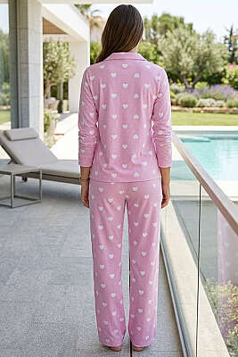 Kruvaze Yaka Çizgili Kalp Desenli Pijama Takımı Pembe - Pijama