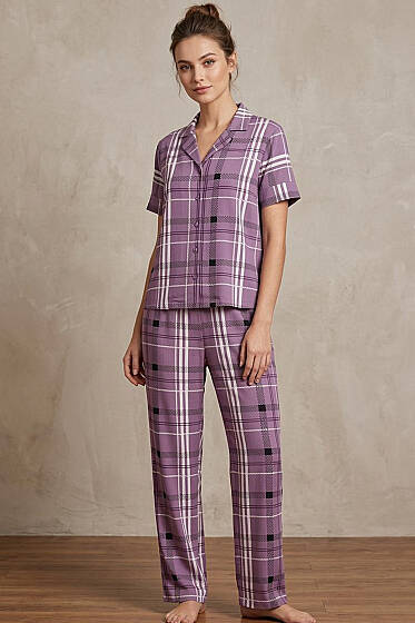 Kruvaze Yaka Çizgili Pijama Takımı Lila - Pijama