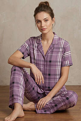 Kruvaze Yaka Çizgili Pijama Takımı Lila - Pijama