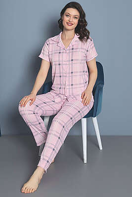 Kruvaze Yaka Çizgili Pijama Takımı Pembe - IŞILAY