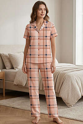 Kruvaze Yaka Çizgili Pijama Takımı Yavru Ağzı - Pijama