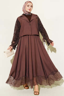 Kruvaze Yaka Dantelli Etekli İkili Takım Kahve 