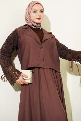 Kruvaze Yaka Dantelli Etekli İkili Takım Kahve - İkili Takım