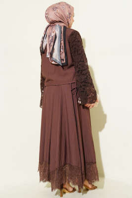 Kruvaze Yaka Dantelli Etekli İkili Takım Kahve - İkili Takım