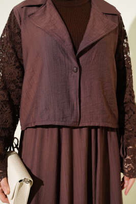 Kruvaze Yaka Dantelli Etekli İkili Takım Kahve - İkili Takım