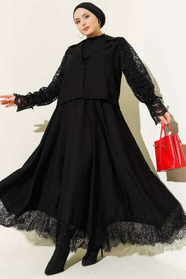 Kruvaze Yaka Dantelli Etekli İkili Takım Siyah - İkili Takım