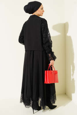Kruvaze Yaka Dantelli Etekli İkili Takım Siyah - İkili Takım