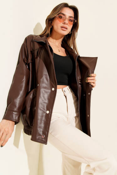 Kruvaze Yaka Deri Ceket Kahve - Kadın Giyim Modelleri