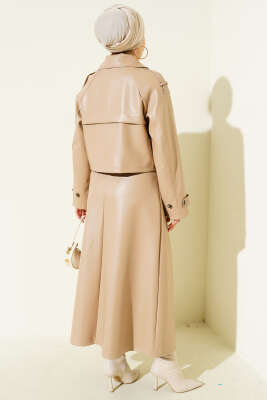 Kruvaze Yaka Deri Etekli İkili Takım Bej - İkili Takım