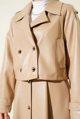 Kruvaze Yaka Deri Etekli İkili Takım Bej - İkili Takım