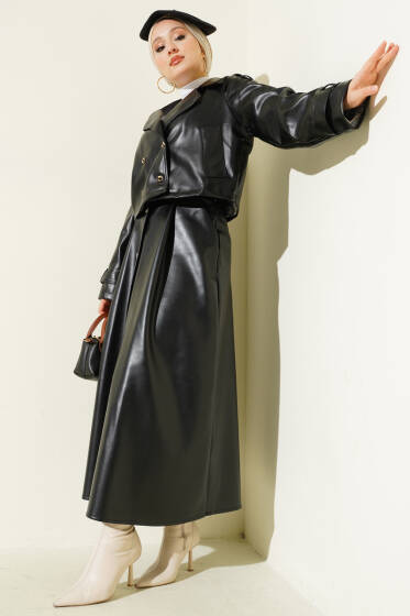 Kruvaze Yaka Deri Etekli İkili Takım Siyah - İkili Takım