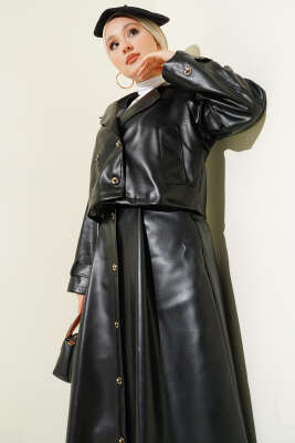 Kruvaze Yaka Deri Etekli İkili Takım Siyah - İkili Takım