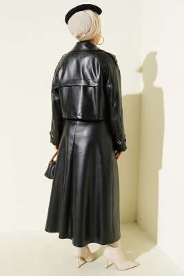 Kruvaze Yaka Deri Etekli İkili Takım Siyah - İkili Takım