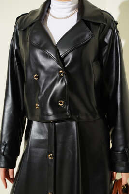 Kruvaze Yaka Deri Etekli İkili Takım Siyah - İkili Takım