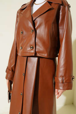 Kruvaze Yaka Deri Etekli İkili Takım Taba - İkili Takım