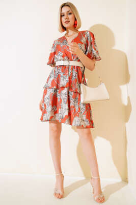 Kruvaze Yaka Desenli Saten Elbise Oranj - Kadın Giyim Modelleri
