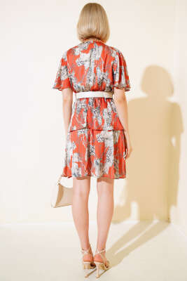 Kruvaze Yaka Desenli Saten Elbise Oranj - Kadın Giyim Modelleri