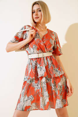 Kruvaze Yaka Desenli Saten Elbise Oranj - ESTELLE