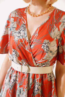 Kruvaze Yaka Desenli Saten Elbise Oranj - Kadın Giyim Modelleri