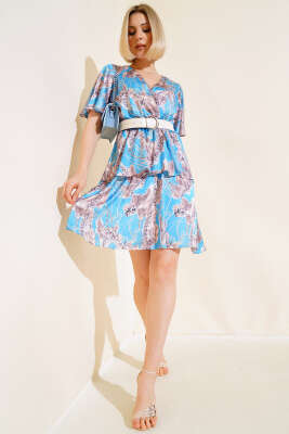 Kruvaze Yaka Desenli Saten Elbise Turkuaz - Kadın Giyim Modelleri