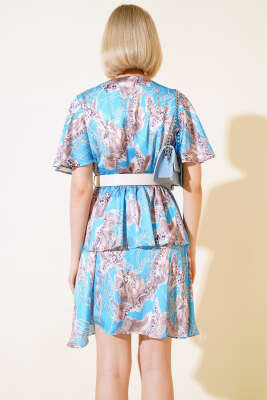 Kruvaze Yaka Desenli Saten Elbise Turkuaz - Kadın Giyim Modelleri