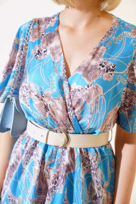 Kruvaze Yaka Desenli Saten Elbise Turkuaz - Kadın Giyim Modelleri