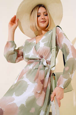 Kruvaze Yaka Desenli Şifon Elbise Çağla Yeşili - Kadın Giyim Modelleri