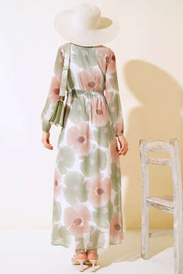 Kruvaze Yaka Desenli Şifon Elbise Çağla Yeşili - Kadın Giyim Modelleri