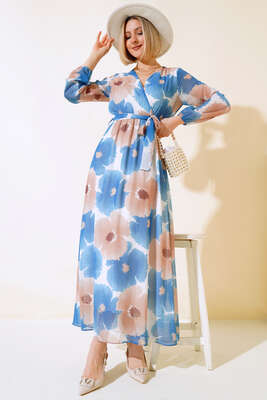 Kruvaze Yaka Desenli Şifon Elbise İndigo - Kadın Giyim Modelleri