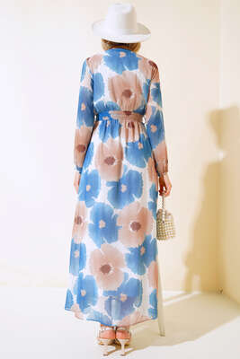 Kruvaze Yaka Desenli Şifon Elbise İndigo - Kadın Giyim Modelleri