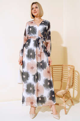 Kruvaze Yaka Desenli Şifon Elbise Siyah - Kadın Giyim Modelleri