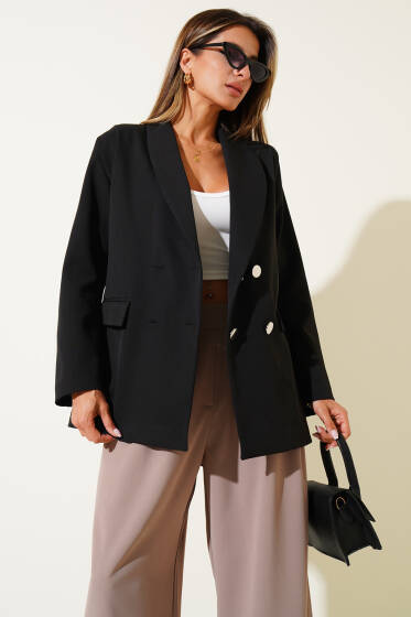 Kruvaze Yaka Dört Düğmeli Blazer Ceket Siyah - Kadın Giyim Modelleri